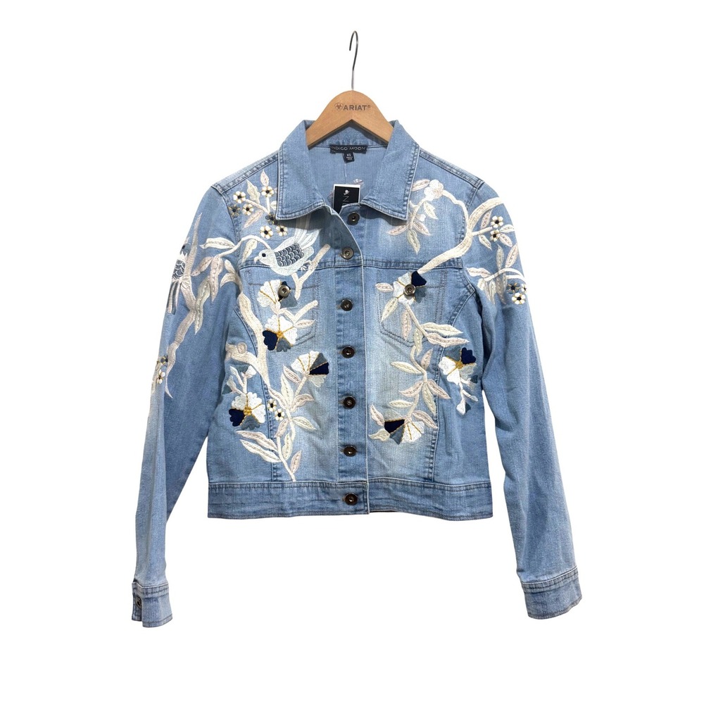 Indigo Moon New Women's XS Light Wash Floral Bird Embroidered Denim Jacket
